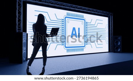 Artificial intelligence presentation demonstrates AI system architecture on a large digital screen. Technology briefing, software demonstration, innovation showcase and IT solutions.