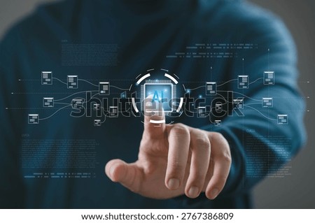 Artificial intelligence processor concept with AI chip interface connecting data networks. Machine learning technology, big data processing, neural network system and digital automation innovation.