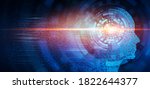 Artificial Intelligence. Profile Human Head Silhouette With Illuminated Digital Brain Over Blue Background. Future Of Humanity, AI Innovative Technologies Concept. Panorama, Collage