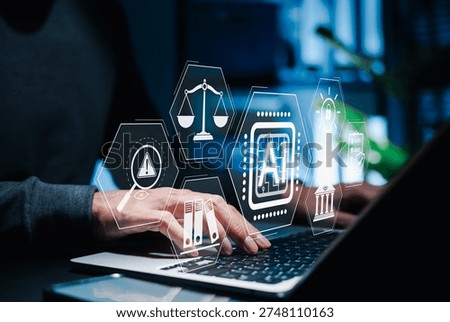 Artificial intelligence regulation and ethics concept. AI law ethics, Person using laptop with interface showing AI chip, legal compliance, scale, justice and data protection icon for digital policy.