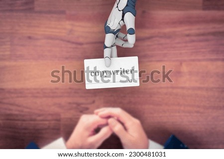 Artificial intelligence replace copywriter, concept. AI represented by robotic hand, hand over a business card with text copywriter.
