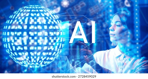 Artificial intelligence research and data science, technology specialist interacts with digital AI interface, analyzes global data networks, develops smart systems and innovation solutions.