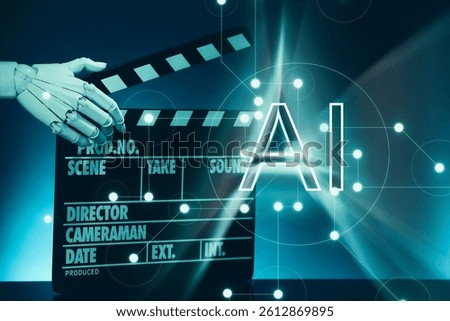 Artificial intelligence. Robot hand with clapper against dark blue background