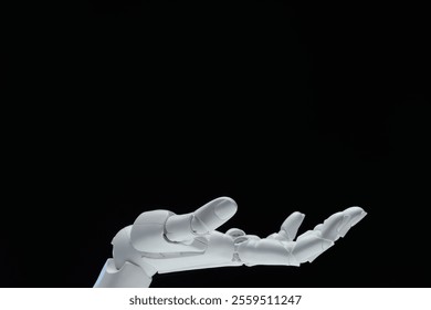 Artificial intelligence. Robot hand gesturing on black background, space for text