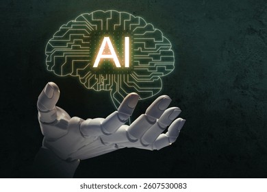 Artificial intelligence. Robot hand holding virtual brain with circuit board pattern and AI chip on dark textured background