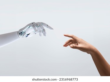artificial intelligence, a robot hand and human hand touching each other, android concept of creation and intelligence - Shutterstock ID 2316968773