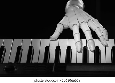Artificial intelligence. Robot hand playing synthesizer on black background, closeup