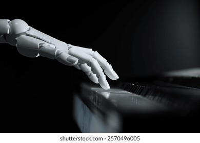 Artificial intelligence. Robot hand playing piano on black background, closeup