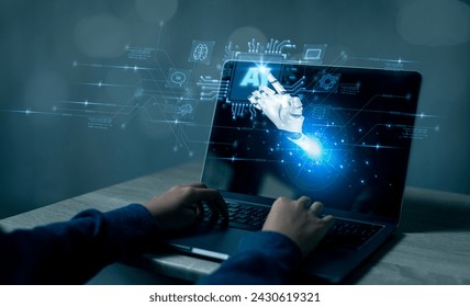 Artificial intelligence robot hand through out from laptop touching AI futuristic virtual screen. Futuristic technology transformation. Technology and engineering concept. - Powered by Shutterstock