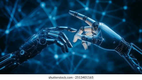 Artificial intelligence robot hand touching human finger on a dark blue background with a digital technology.