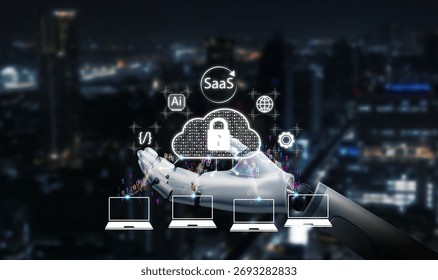 Artificial intelligence robot presenting SaaS, Software as a Service, cloud computing and cybersecurity concept with data encryption for future digital business transformation.