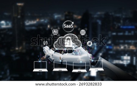 Artificial intelligence robot presenting SaaS, Software as a Service, cloud computing and cybersecurity concept with data encryption for future digital business transformation.
