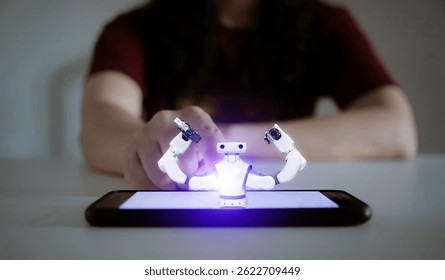 Artificial intelligence robot technology concept human hand touching smartphone