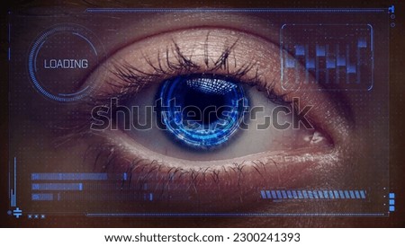 Artificial intelligence scans information. High technologies in the future. The future of digital vision technologies, security and biometrics. Implant in the human eye. Concept of hi tech