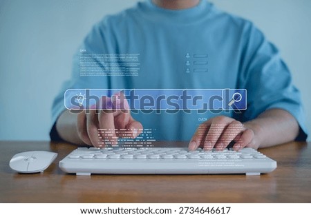 Artificial intelligence search concept with hands typing on keyboard and digital search bar interface. Symbol of smart technology, AI powered data analysis, productivity, information access.