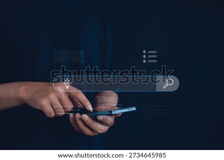 Artificial intelligence search concept with smartphone and digital search bar interface. Hand using mobile device represents smart technology, AI solution, data analysis, future digital experience.