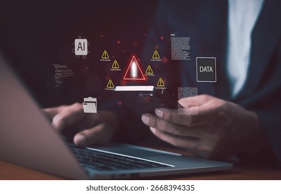 Artificial intelligence security risk with data warning alert on laptop and smartphone, symbolizing system error, cyber threat, and online privacy protection in futuristic digital interface. - Powered by Shutterstock - Get 15% off with code: PIKWIZARD15