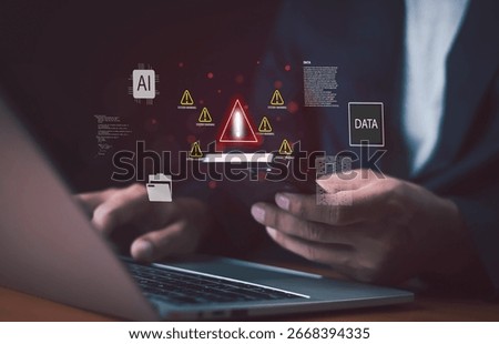 Artificial intelligence security risk with data warning alert on laptop and smartphone, symbolizing system error, cyber threat, and online privacy protection in futuristic digital interface.