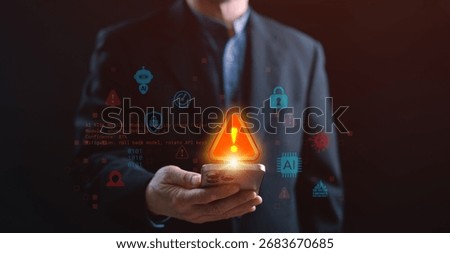 Artificial intelligence security warning on smartphone with glowing red alert symbol, representing digital risk detection, anomaly alerts, mobile cybersecurity threats, and AI error monitoring.