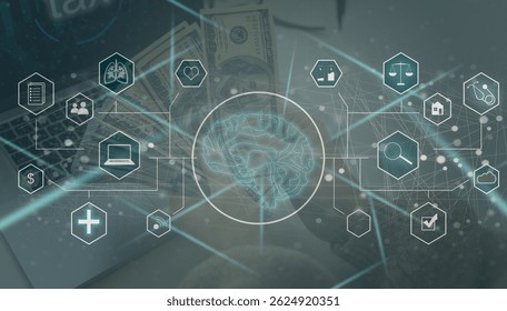 Artificial intelligence service business web computing IoT integration concept. AI gear icon on display smartphone. Smart house big data unmanned management process, development engineering technology
