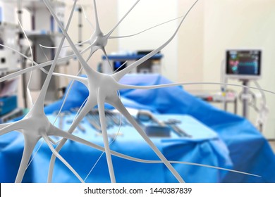 Artificial Intelligence In Smart Healthcare Hospital Technology Concept. AI Biomedical Algorithm And Machine Learning Detect Brain Stem Cell Neurons. 3d Rendering.