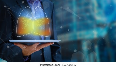 Artificial Intelligence In Smart Healthcare Hospital Technology Concept. AI Biomedical Algorithm And Machine Learning Detect Pneumonia And Cancer Cell In X-Rays Process.