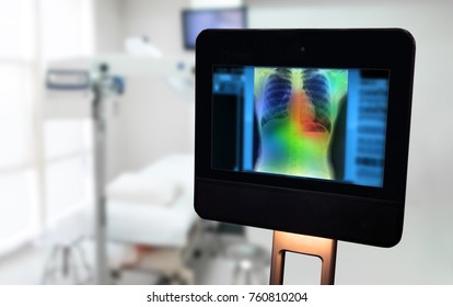 Artificial Intelligence In Smart Healthcare Hospital Technology Concept. Robot Assistant , Adviser Use AI Biomedical Algorithm And Machine Learning Detect Pneumonia And Cancer Cell In Digital  X-Rays.