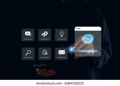 Artificial intelligence and smart technology concept. Man holding smartphone and pressing virtual AI generate button with futuristic app icons for communication, search, and digital innovation. - Powered by Shutterstock - Get 15% off with code: PIKWIZARD15