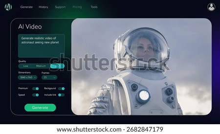 Artificial Intelligence Software on a Computer Promted to Create an AI Generated Content with an Astronaut. Text to Video App Showing a Futuristic Scene with a Female Astronaut Exploring a New Planet