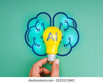 Artificial intelligence and solution business service concept. AI, text o n yellow light bulb, holding by human hand on digital smart brain graphic symbol on net grid and green background, minimalist. - Powered by Shutterstock