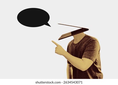 Artificial intelligence talking with speech bubble icon, represented by man with laptop head with hand gesture. Digital surreal collage isolated on white background.