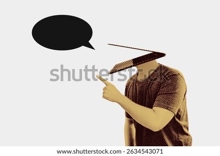 Artificial intelligence talking with speech bubble icon, represented by man with laptop head with hand gesture. Digital surreal collage isolated on white background.