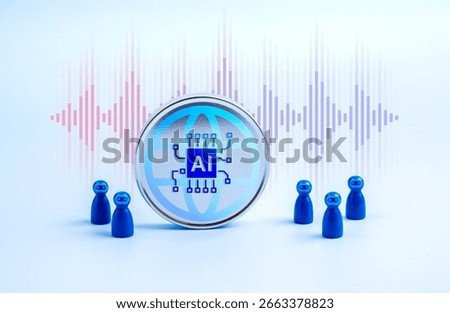Artificial intelligence teams bots assistant and support concept. AI chip icon on global chrome badge arrow and blue peg doll figures as robot team group, with voice graphic, blue background.