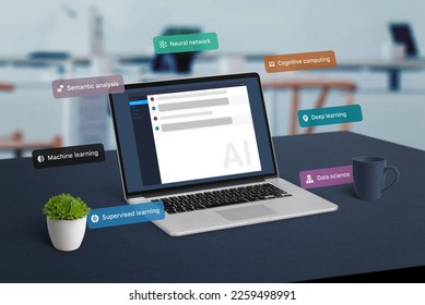 Artificial intelligence technologies balloons fly around the laptop. Chat AI app on laptop display