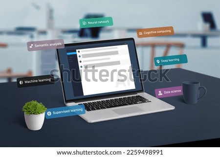 Artificial intelligence technologies balloons fly around the laptop. Chat AI app on laptop display