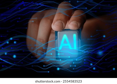 Artificial Intelligence technologies. Man holds a processor labeled artificial intelligence against backdrop of digital circuits and smooth lines