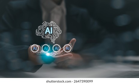 Artificial intelligence technology and automation system. Businessman controlling AI processes through virtual interface with gear icons, symbolizing machine learning and innovation.