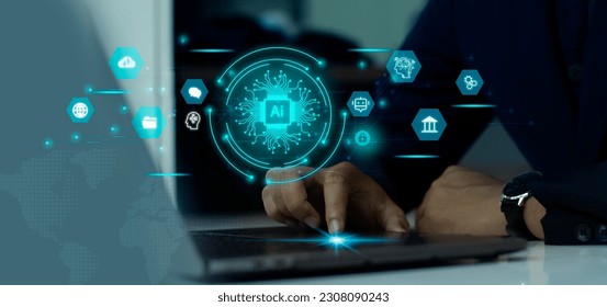 Artificial Intelligence Technology. Businessman using laptop computer touching on screen to connecting and chatting ai. Virtual digital data blue neon color icons.