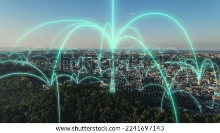 Artificial Intelligence Technology in City. Internet Connection by Satellites. Smart City Hologram Information Arches Forming During Network Communication. Transfer 5g Web Communications Signal.