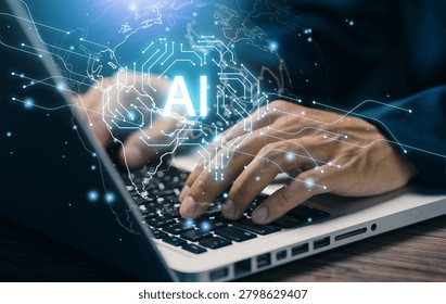 Artificial intelligence technology concept with AI processor, global digital network and data connectivity, illustrating machine learning, automation and future innovation solutions.