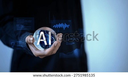 Artificial intelligence technology concept with AI symbol in glass sphere and digital data analytics interface, representing machine learning, data science, automation and future technology innovation.