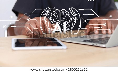 Artificial intelligence technology concept with AI brain interface, digital neural network, machine learning and data processing on laptop and tablet, representing automation, innovation and future business solutions.