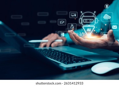 Artificial intelligence technology concept. Businessman using AI chatbot interface on laptop for automation, cloud computing, data security, and smart business solutions.