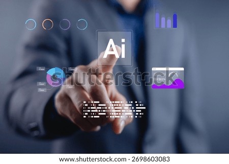 Artificial intelligence technology concept with businessman touching virtual AI icon and digital analytics graphics, representing data innovation, automation, and smart business solutions.