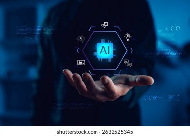 Artificial intelligence technology concept with a hand holding AI icons in a digital interface, symbolizing innovation, automation, machine learning, data processing, and smart systems.