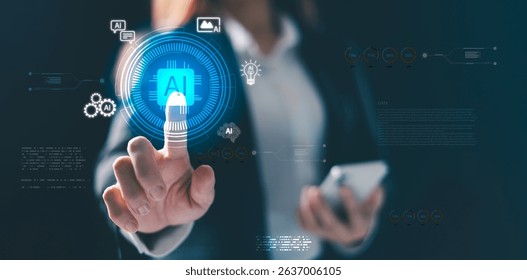 Artificial intelligence technology concept with hand touching AI icons digital interface, symbolizing innovation, automation, machine learning, data processing and smart systems. ai intelligence.