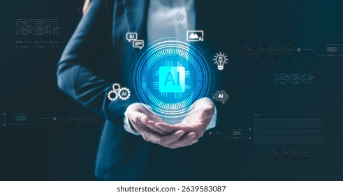 Artificial intelligence technology concept with hand holding AI icons digital interface, symbolizing innovation, automation, machine learning, data processing and smart systems. ai intelligence.