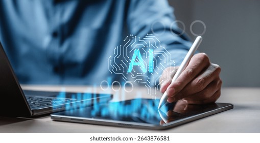 Artificial intelligence technology concept. Machine learning. Generative ai. Electronics data analytics. A person is using a tablet to write on a screen with the word AI in blue.