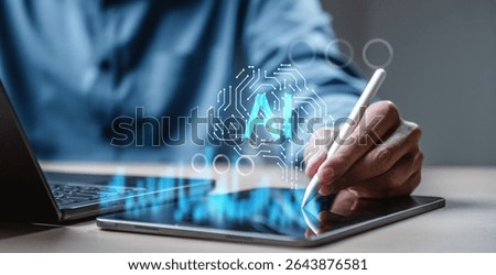 Artificial intelligence technology concept. Machine learning. Generative ai. Electronics data analytics. A person is using a tablet to write on a screen with the word AI in blue.