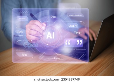 Artificial Intelligence technology concept.  Man using laptop with AI tecnology on virtual display, big data of new technologies and business process strategy. modern technology.